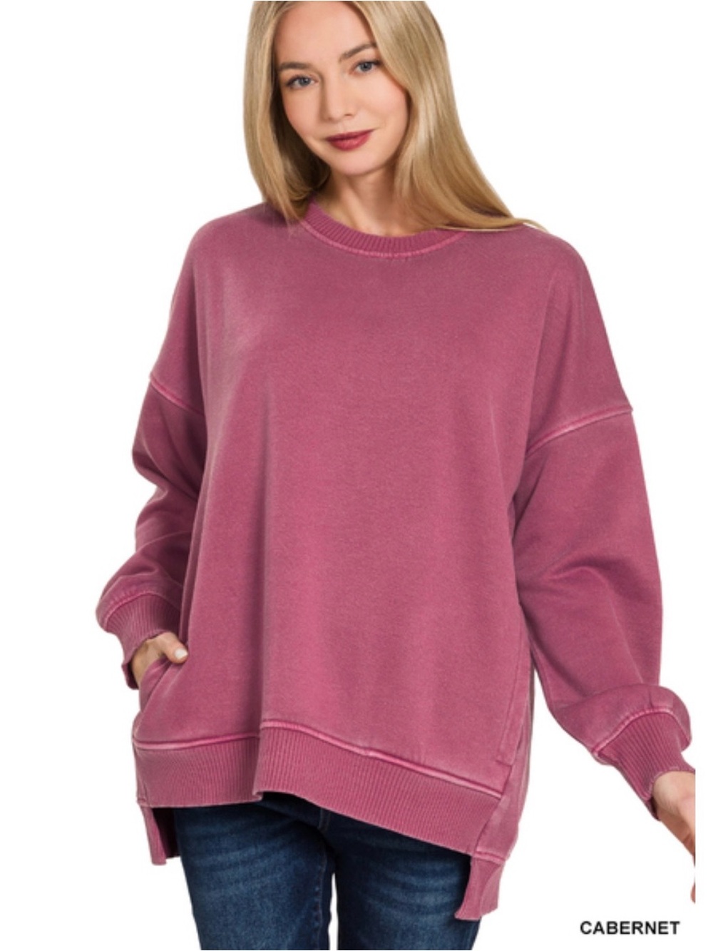 Zenana Pigment Dyed Cabernet Fleece Oversized Pullover Top with Pockets - Picture 2 of 2